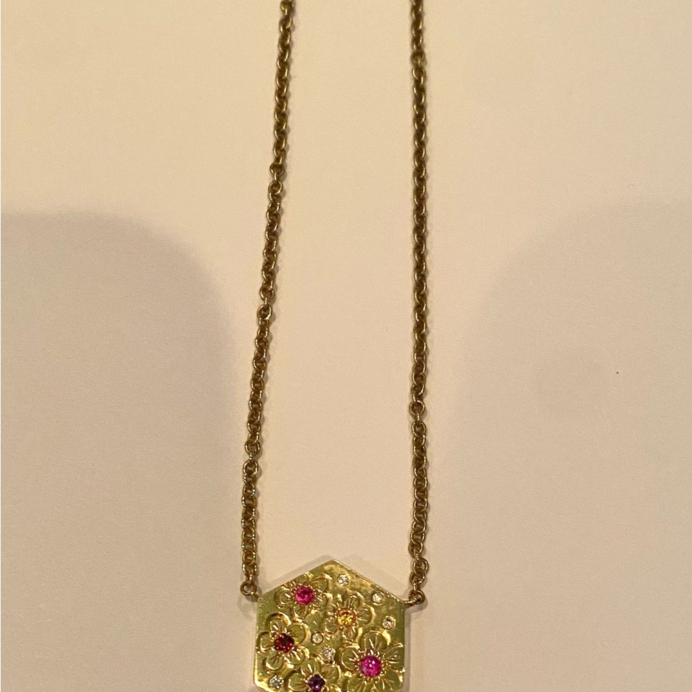 14K Yellow Gold Floral Pendant Necklace with Assorted Semi-Precious Stones